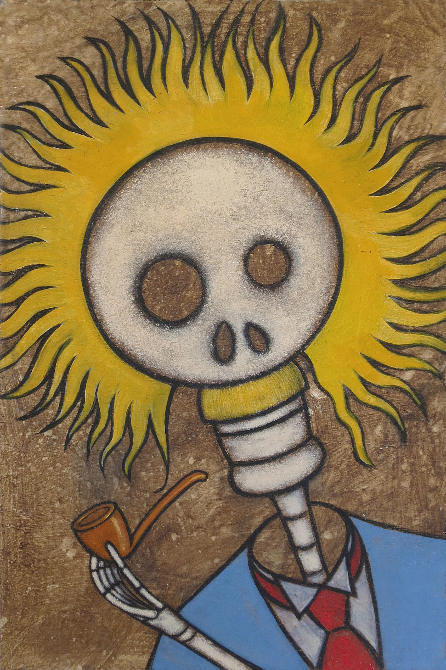 Acrylic-and-charcoal painting of Albert Einstein depicted as a Día de los Muertos skeleton figure, with wild yellow hair and a pipe held in one skeletal hand.