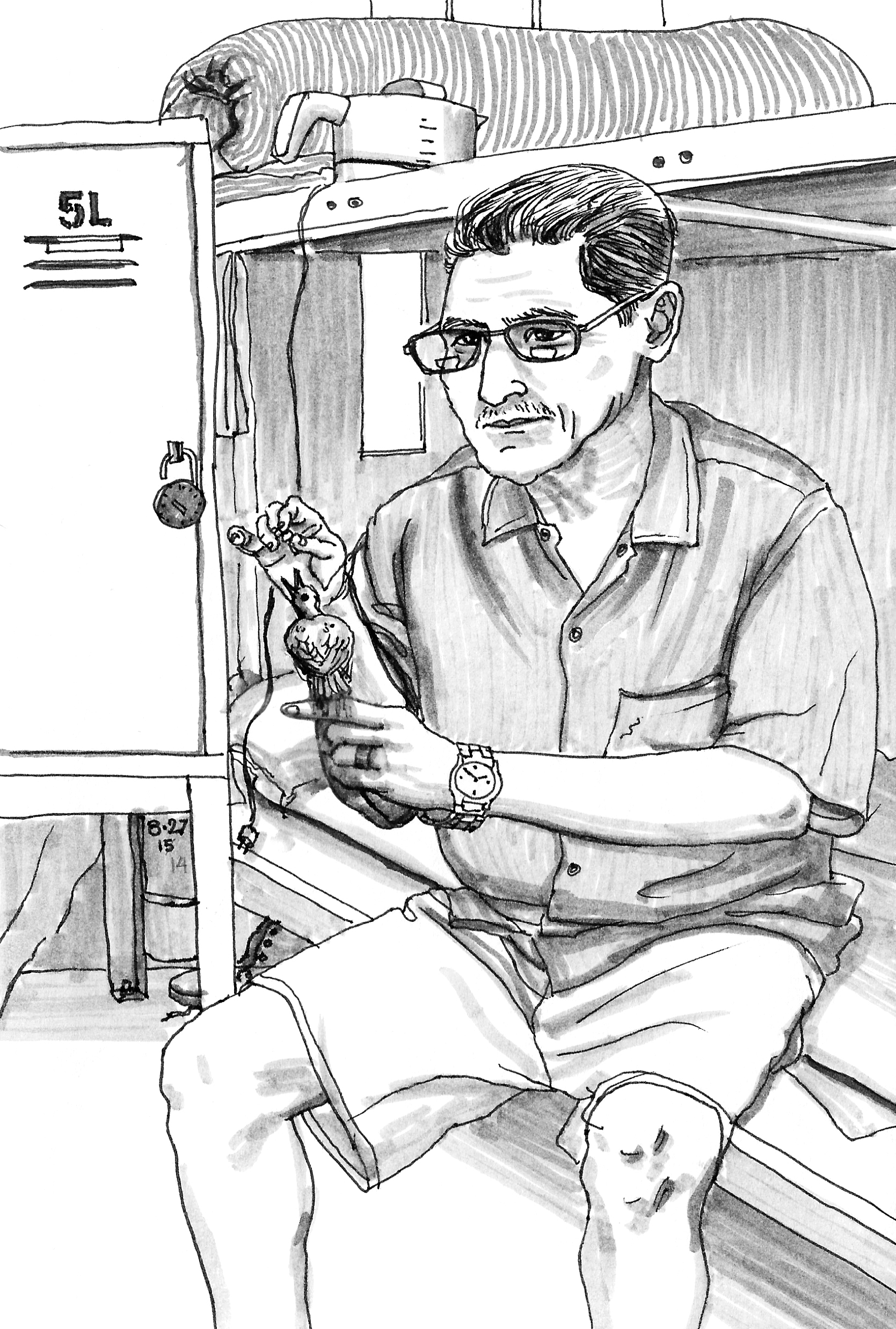Black-and-white ink drawing of a man sitting on his bunk feeding wet bread dough to a small bird, with his locker and a narrow prison window in the background.