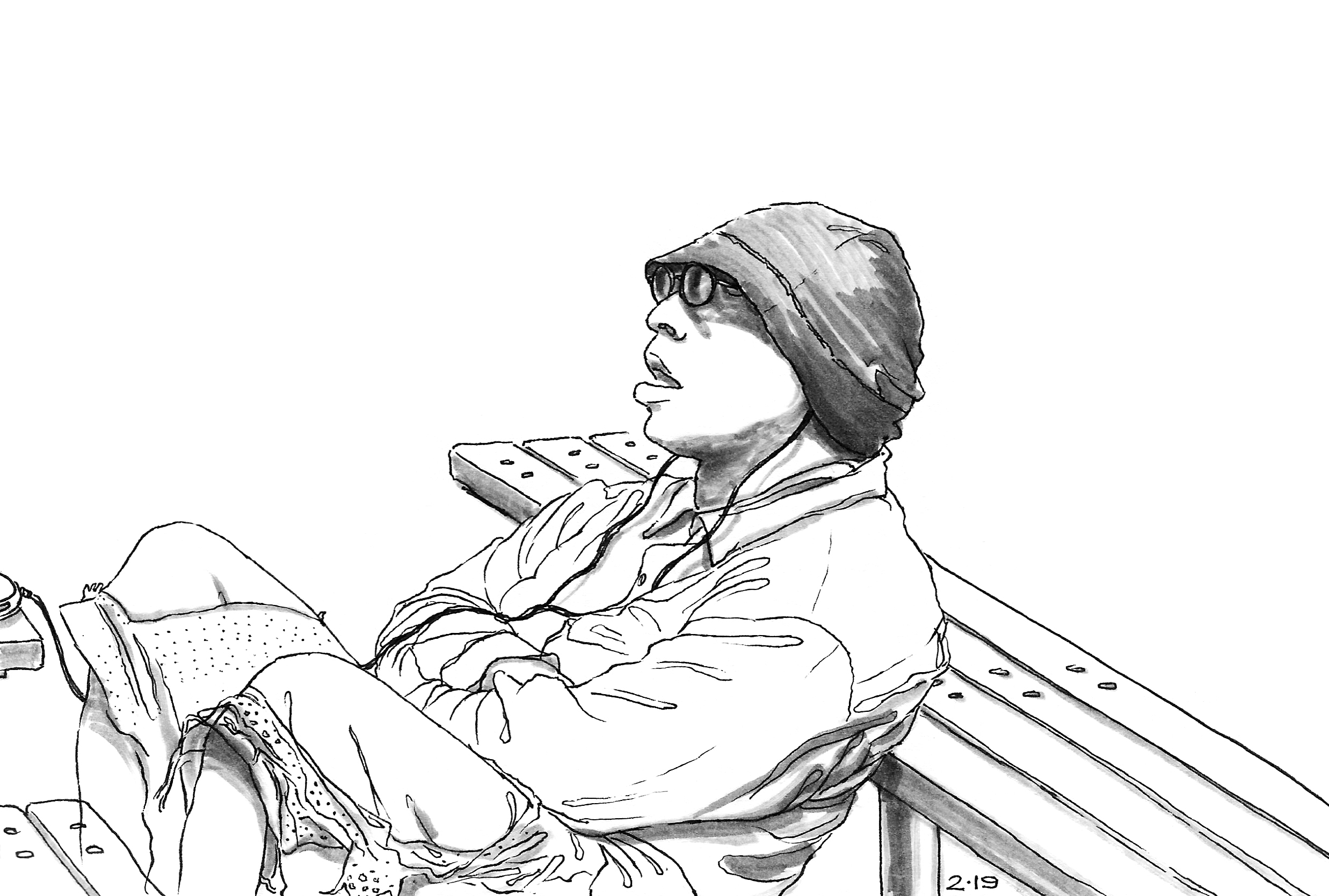 Black-and-white ink drawing of a man wearing glasses and a knit cap, sitting on the floor and leaning against a bench while watching television.