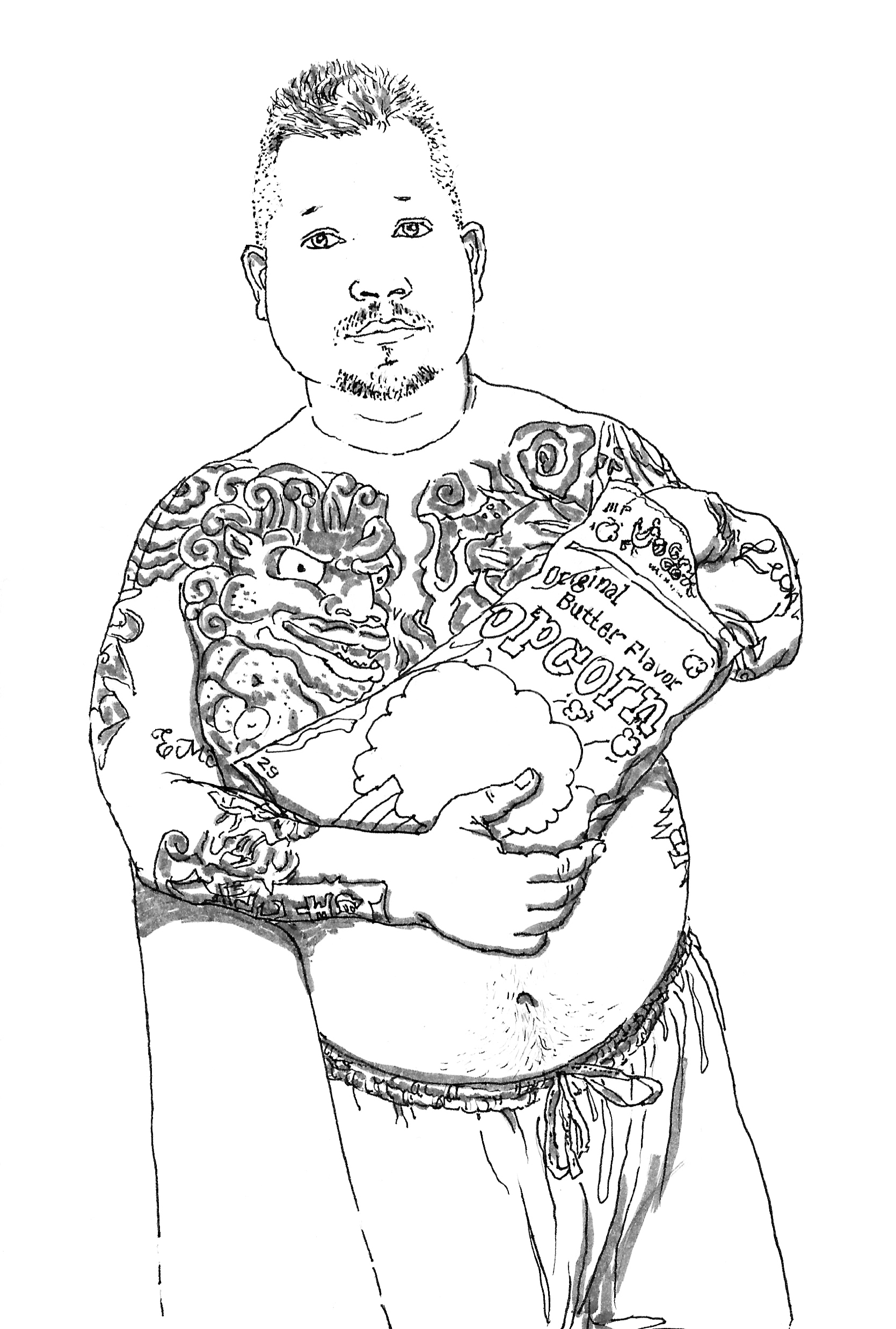 Black-and-white ink drawing of a shirtless man eating popcorn, with his chest and arms covered in tattoos.
