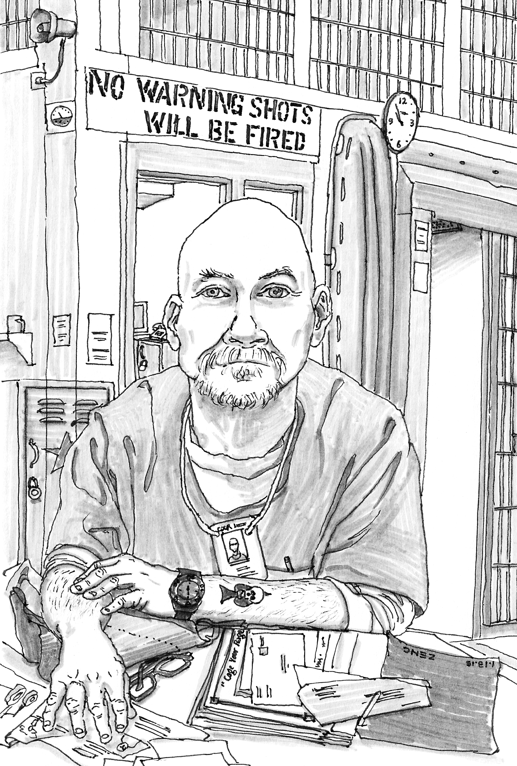 Black-and-white ink drawing of a man sitting in a prison dayroom with his arms crossed, with a barred upper level behind him, surrounded by a clock and institutional signs.