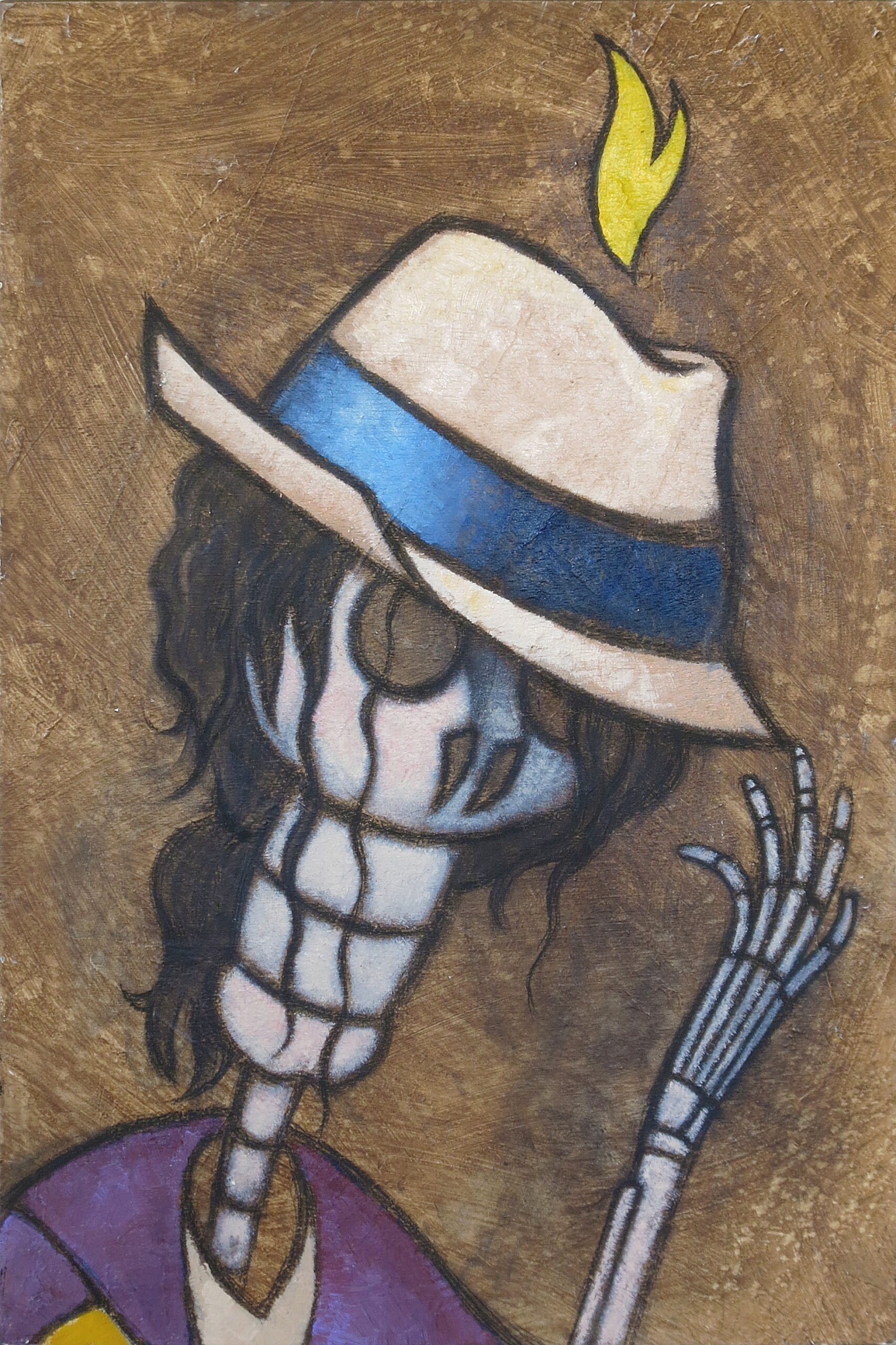 Acrylic-and-charcoal painting of Michael Jackson depicted as a Día de los Muertos skeleton figure, wearing a fedora over long dark hair and raising one skeletal hand beside his face. A flame appears above his hat.