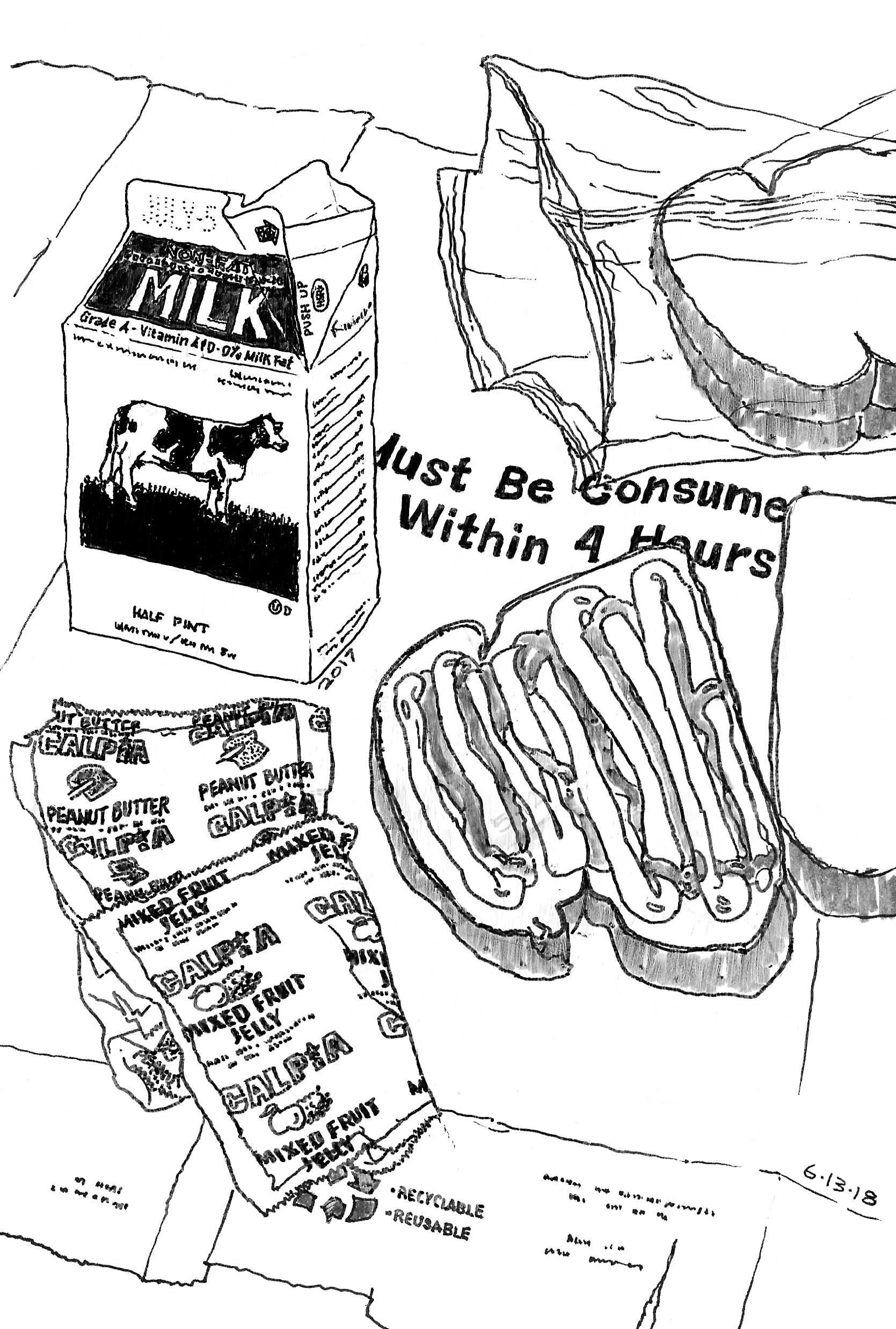 Black-and-white ink drawing of a typical state prison lunch: a small carton of milk, four slices of bread, a packet of peanut butter, and a packet of jelly.
