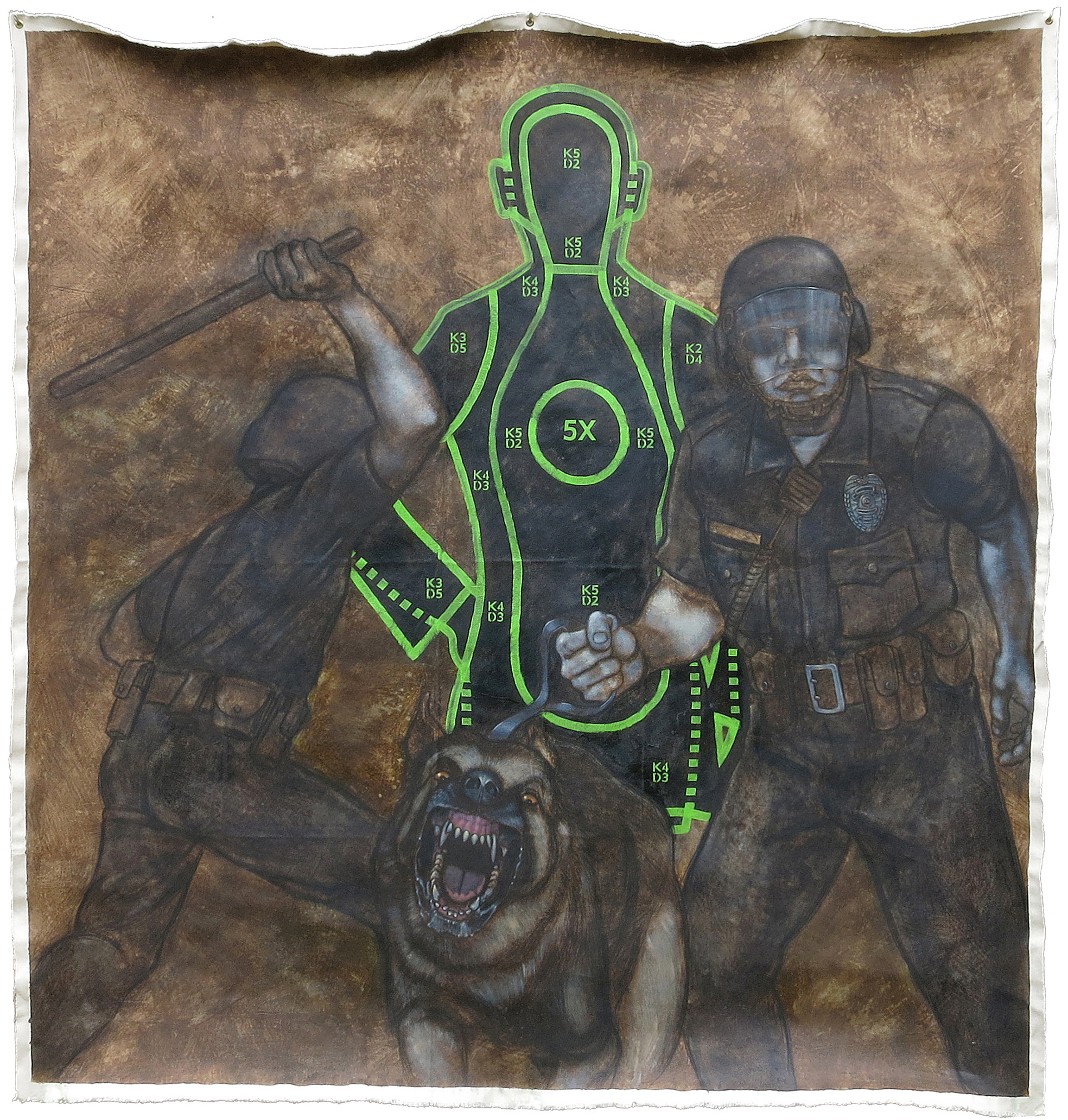 Acrylic-and-charcoal painting of two police officers in riot gear, one swinging a baton at a target-practice silhouette while the other restrains a snarling K-9 lunging toward the viewer.
