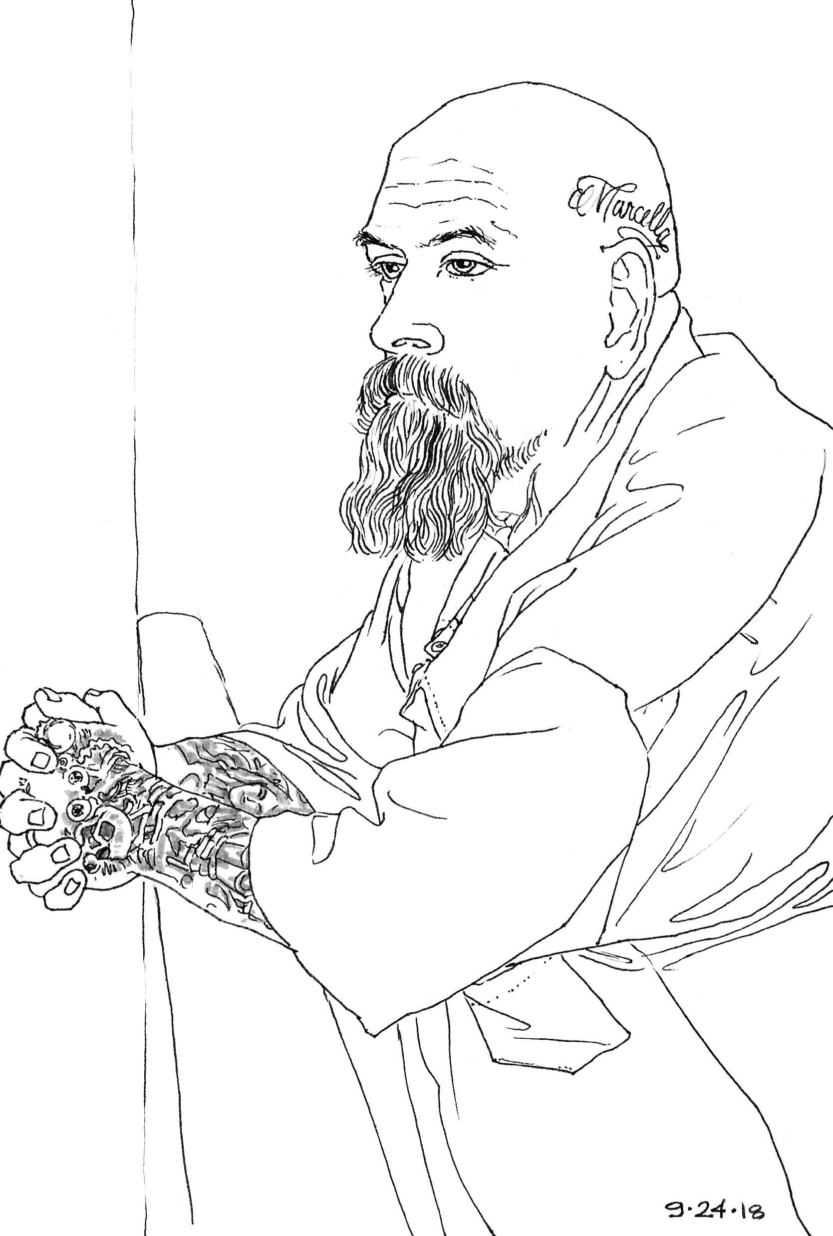 Black-and-white ink drawing of a man resting his arms on the low wall of his cubicle and looking over the prison tier.