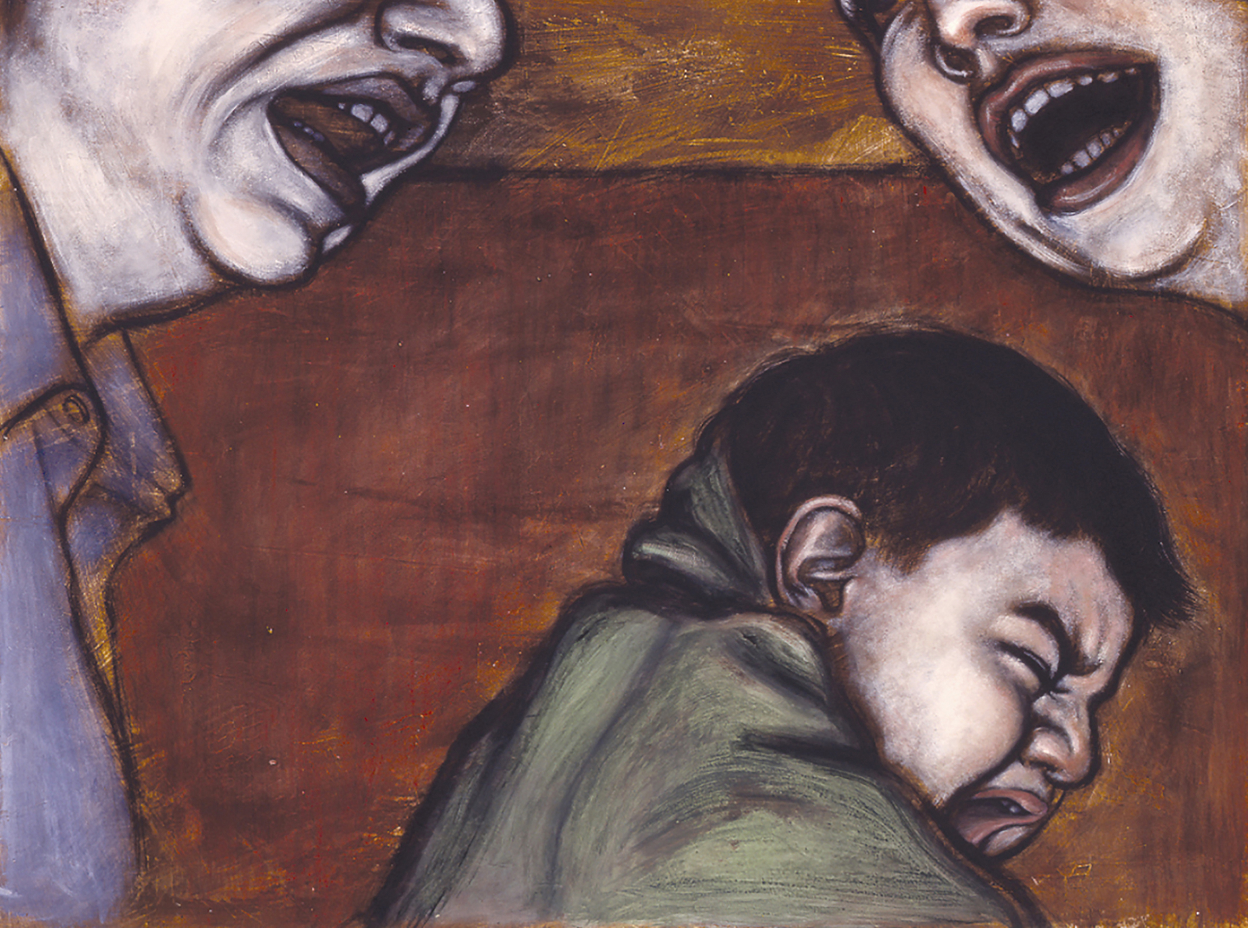 Acrylic-and-charcoal painting of an infant crying and screaming in frustration, powerless as his parents argue in his presence.